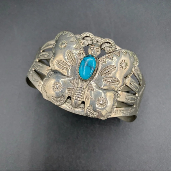 Vintage Southwest Style Silver Butterfly and Turquoise Wide Cuff Bracelet - Picture 12 of 12